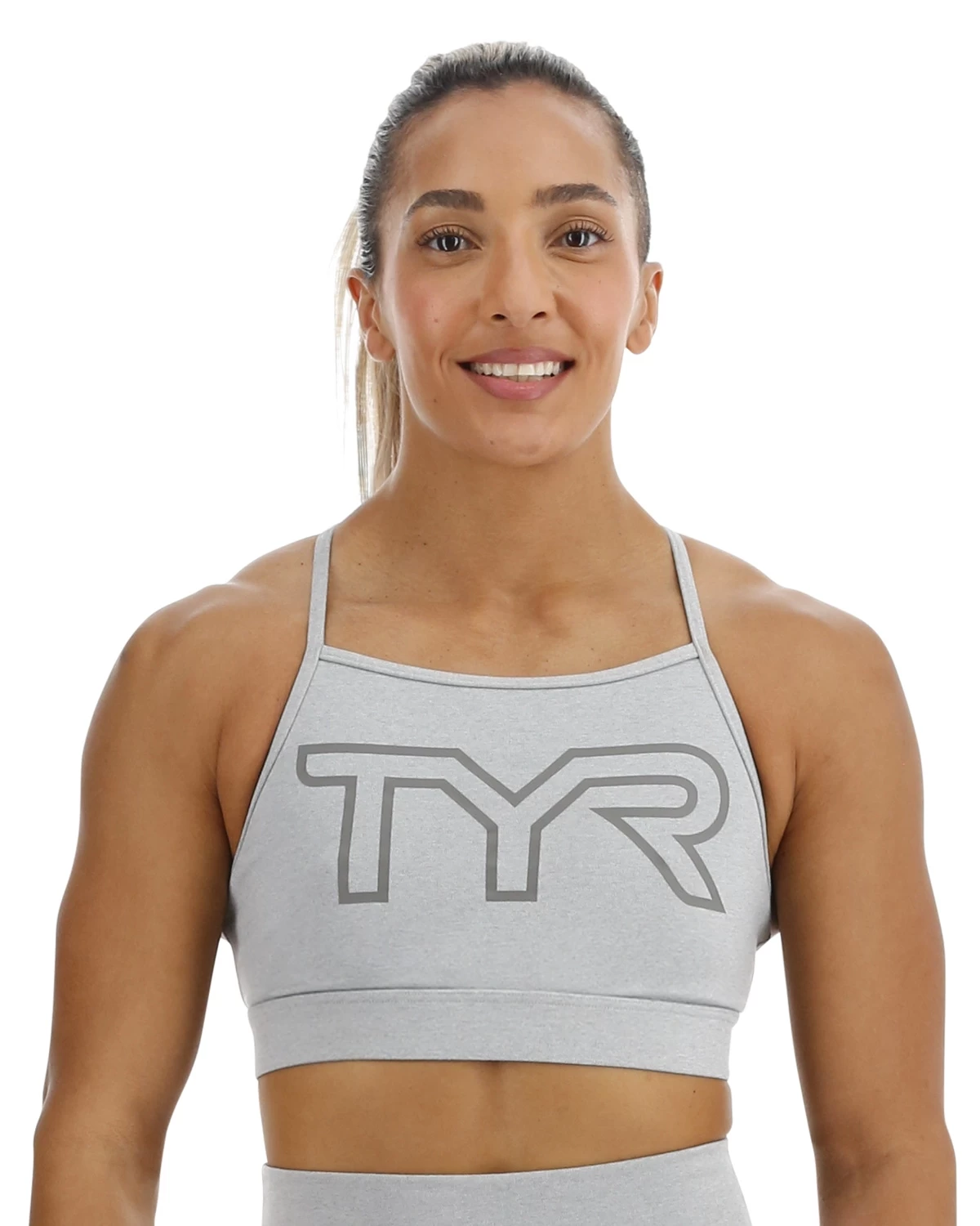 TYR Base Kinetic™ Women's High Neck Big Logo Sports Bra - Heather 1 TYR Base Kinetic™ Women's High Neck Big Logo Sports Bra - Heather