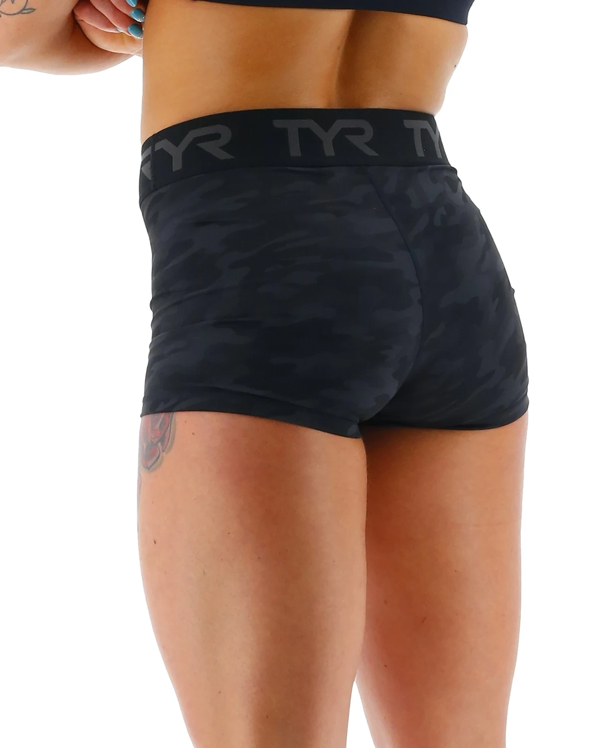 TYR Base Kinetic™ Women's Mid-Rise 2" Logo Short - Blackout Camo 4 TYR Base Kinetic™ Women's Mid-Rise 2" Logo Short - Blackout Camo - Image 4