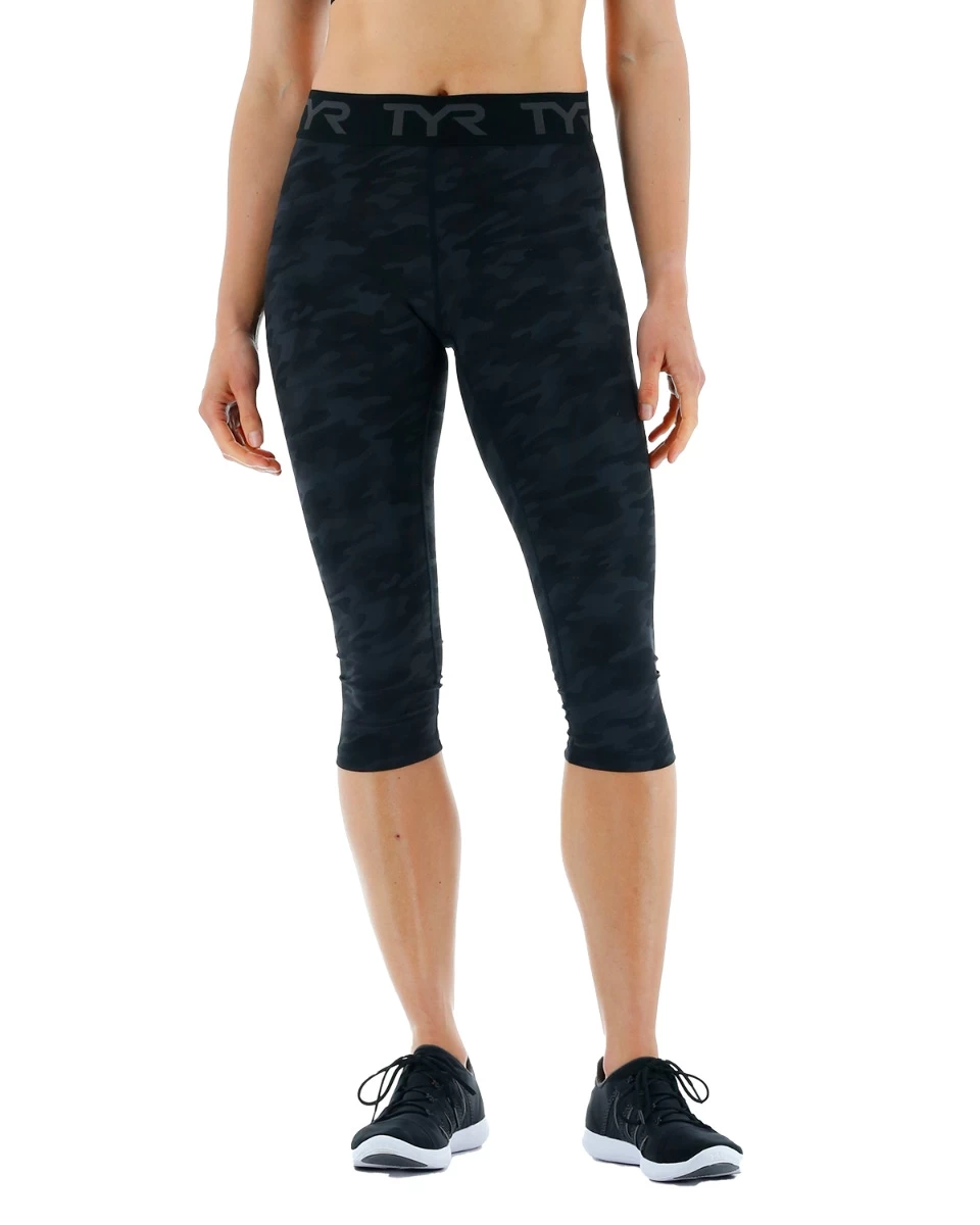 TYR Base Kinetic™ Women's Mid-Rise Logo Cropped Leggings - Blackout Camo 1 TYR Base Kinetic™ Women's Mid-Rise Logo Cropped Leggings - Blackout Camo